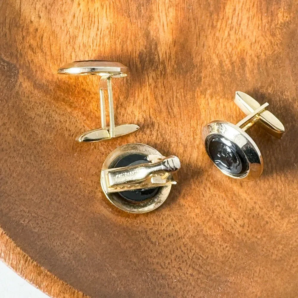 Vintage Roman Emperor Cufflinks Tie Clip Set Gold Tone
